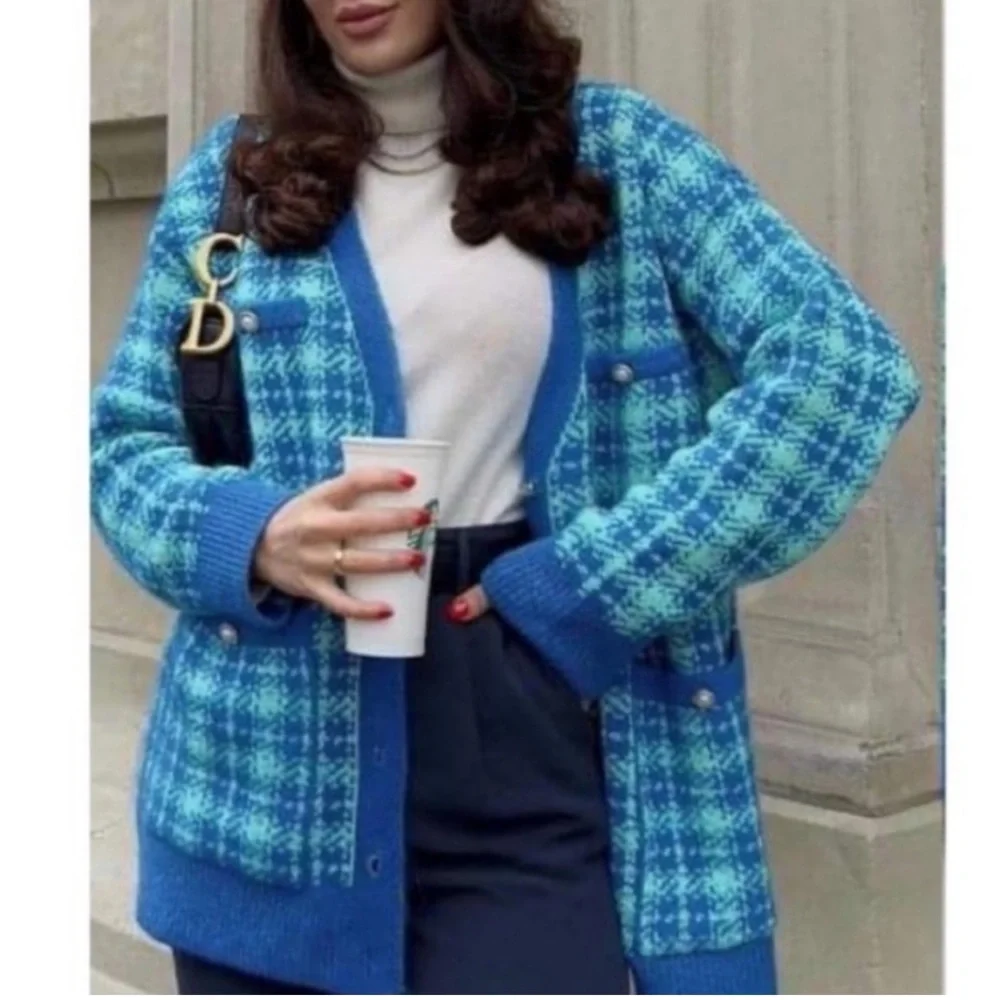 New Zara Blue Plaid Knit Long Cardigan/Jacket - Picture 6 of 7